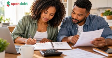 Couple reviewing their household budget and planning how to balance savings with debt payments.