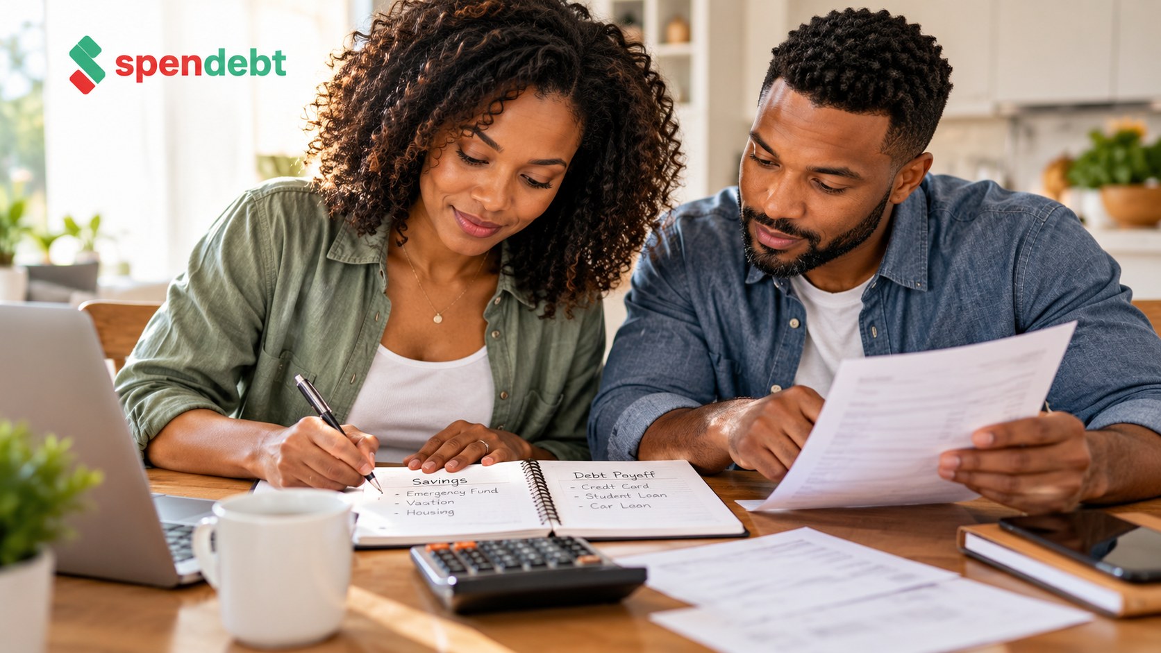 Couple reviewing their household budget and planning how to balance savings with debt payments.